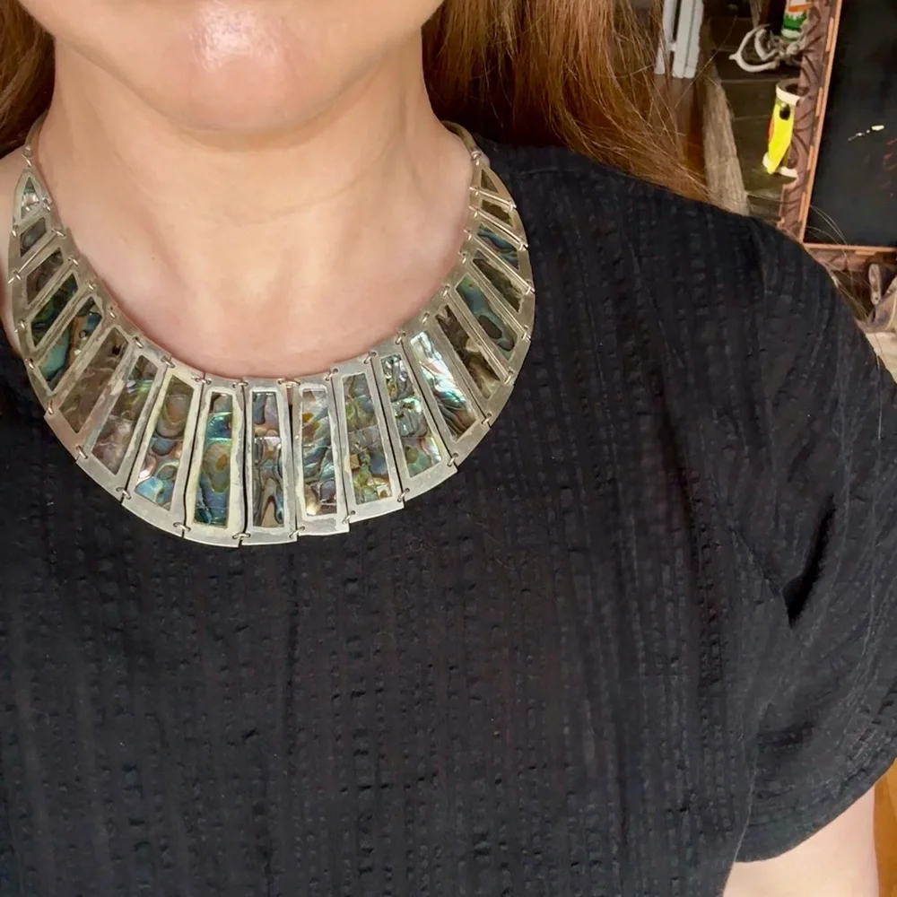 Vintage Statement Abalone Inlay Bib Necklace and Earrings Set - Silver Tone - Picture 7 of 7
